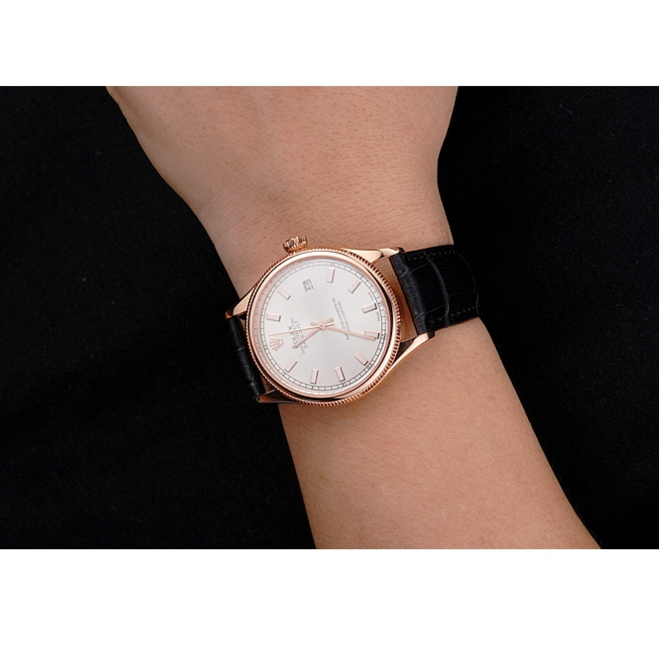 Best AAA Replica Sites White Rose Rolex Dial Leather Case Black Strap Datejust Gold Swiss 0520